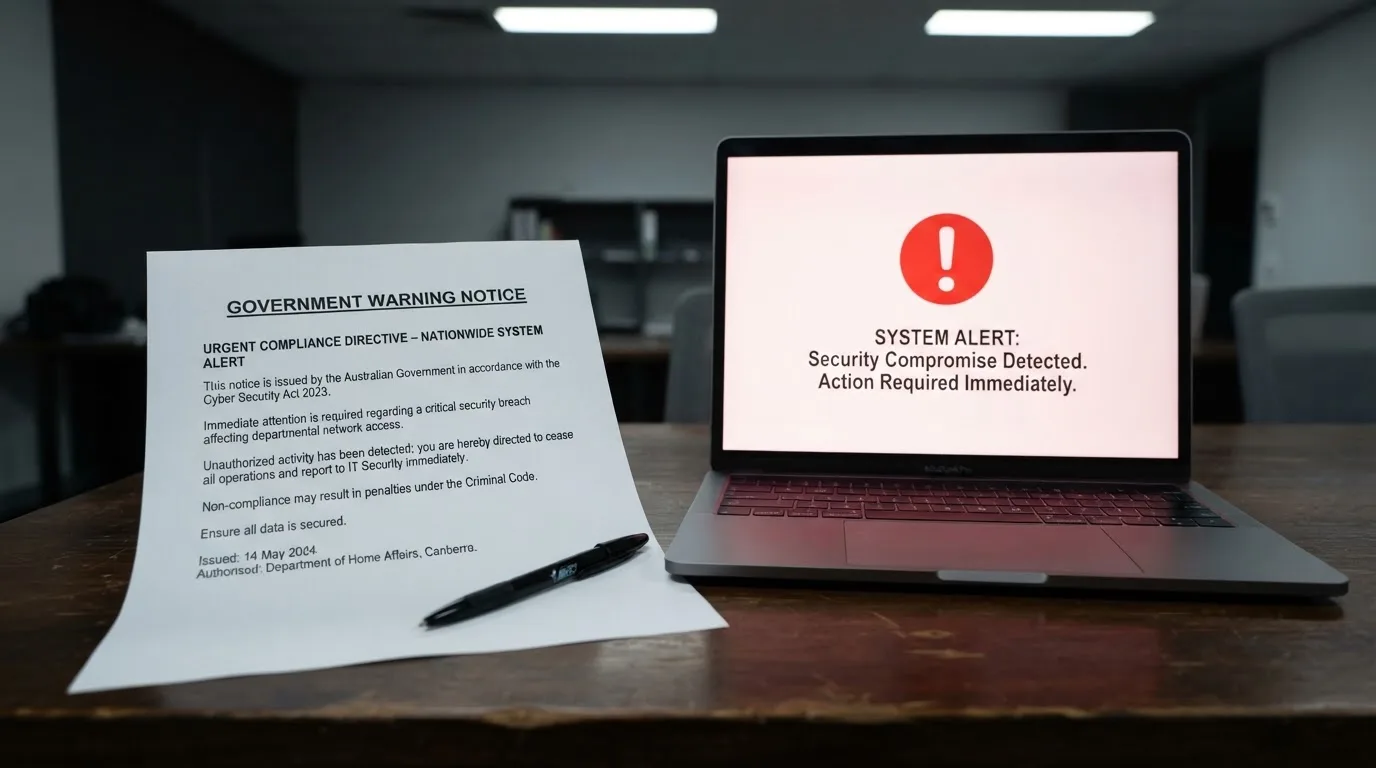 A printed government warning notice on a desk beside a laptop with a red alert icon on the screen.