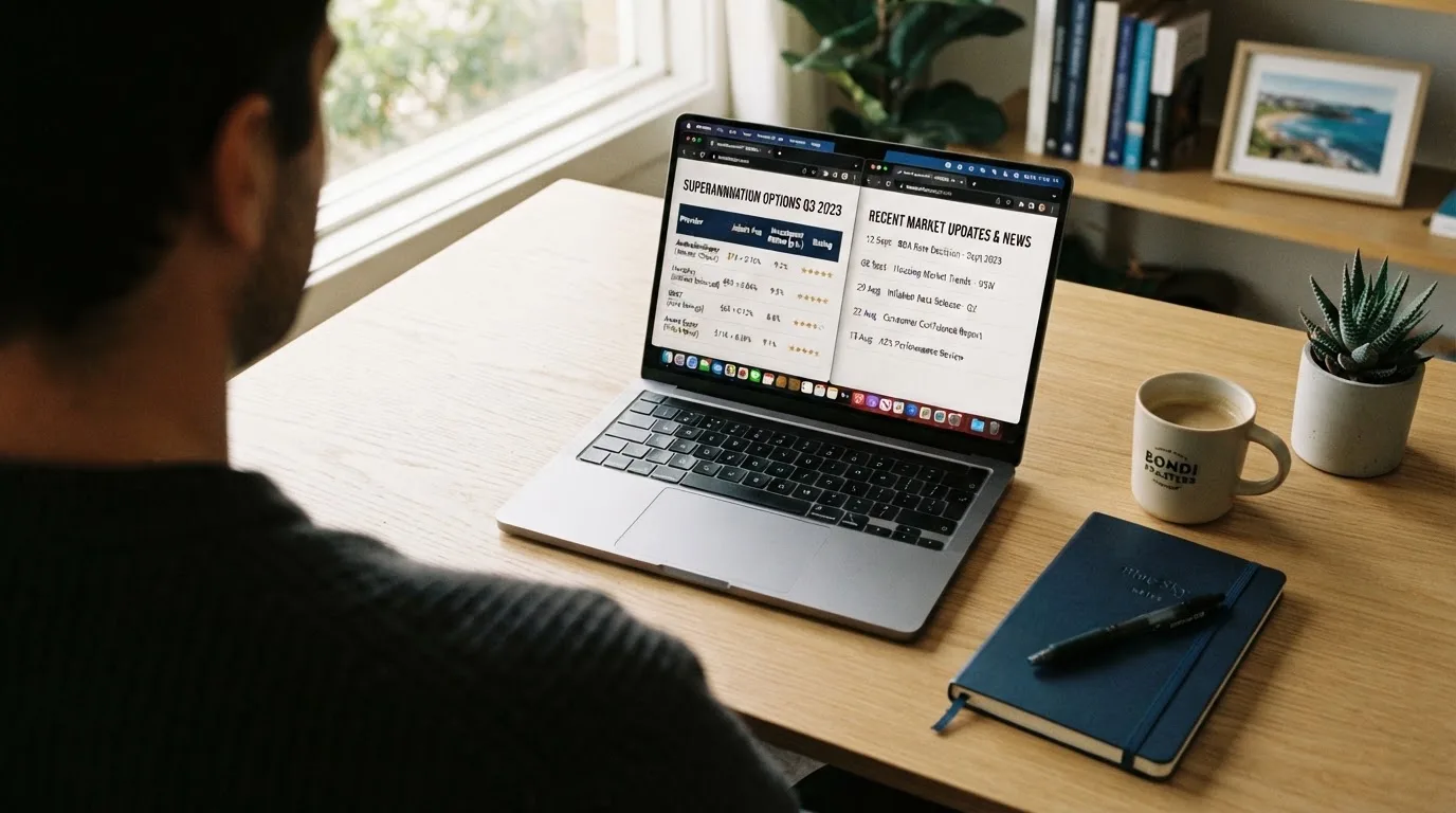 A laptop screen split between two browser tabs, one showing a comparison table and the other a search results page.