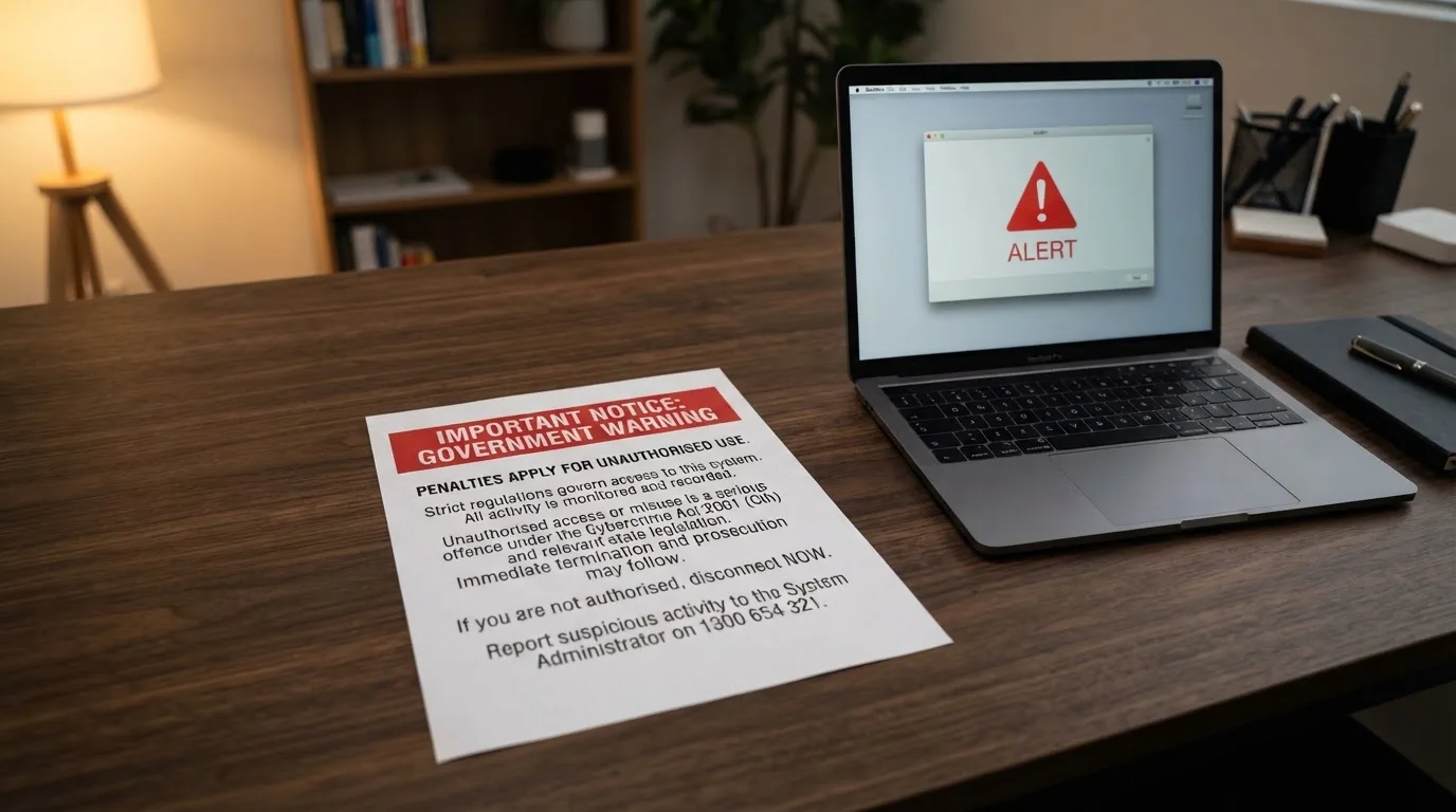 A printed government warning notice on a desk beside a laptop with a red alert icon on the screen.