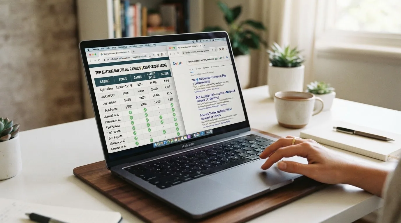 A laptop screen split between two browser tabs, one showing a comparison table and the other a search results page.