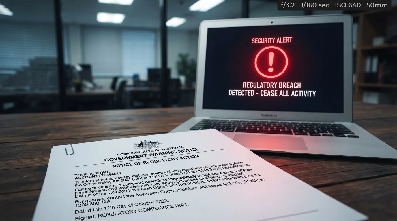 A printed government warning notice on a desk beside a laptop with a red alert icon on the screen.
