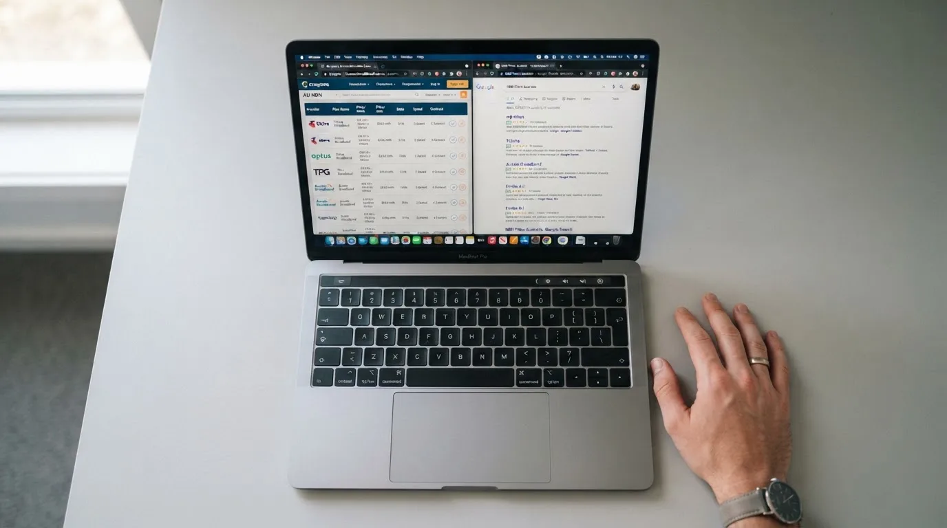 A laptop screen split between two browser tabs, one showing a comparison table and the other a search results page.