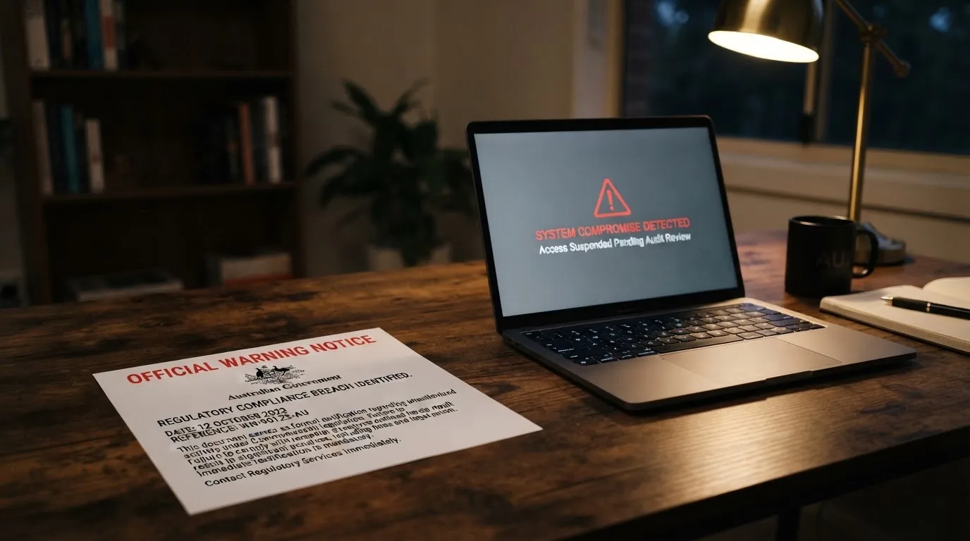 A printed government warning notice on a desk beside a laptop with a red alert icon on the screen.