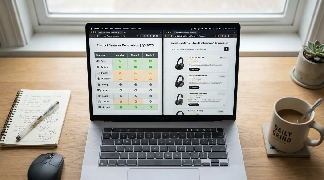 A laptop screen split between two browser tabs, one showing a comparison table and the other a search results page.