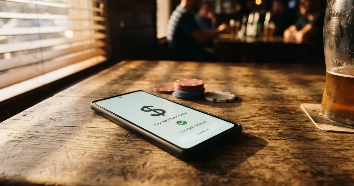 A phone displaying a bank transfer confirmation screen next to a stack of Australian dollar notes.