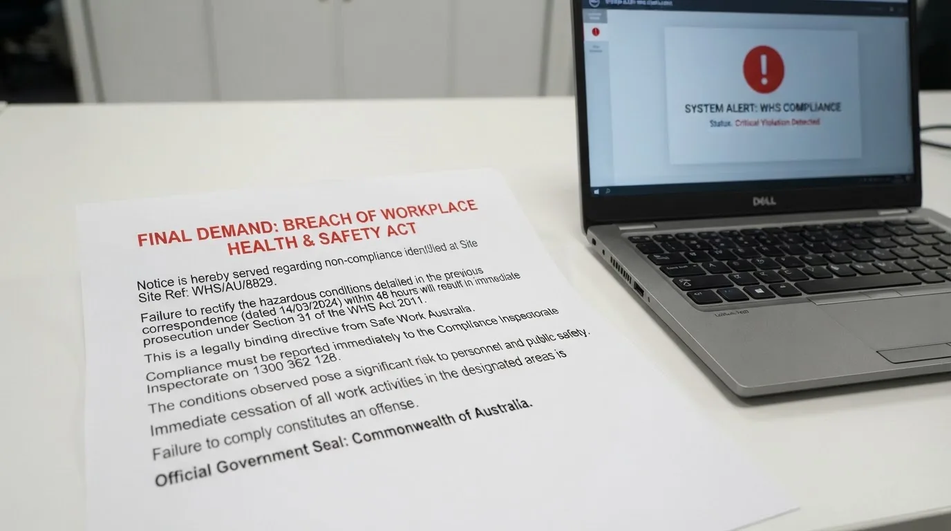 A printed government warning notice on a desk beside a laptop with a red alert icon on the screen.
