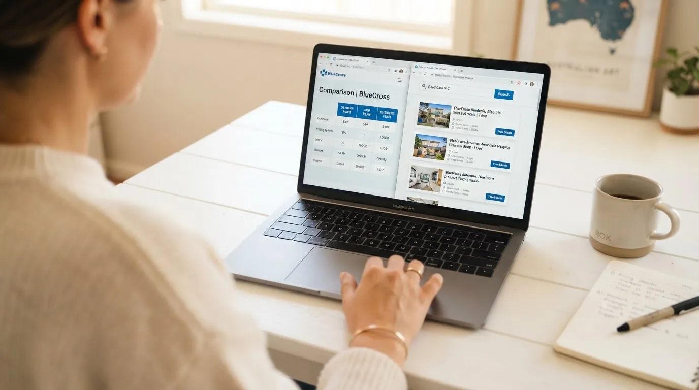 A laptop screen split between two browser tabs, one showing a comparison table and the other a search results page.