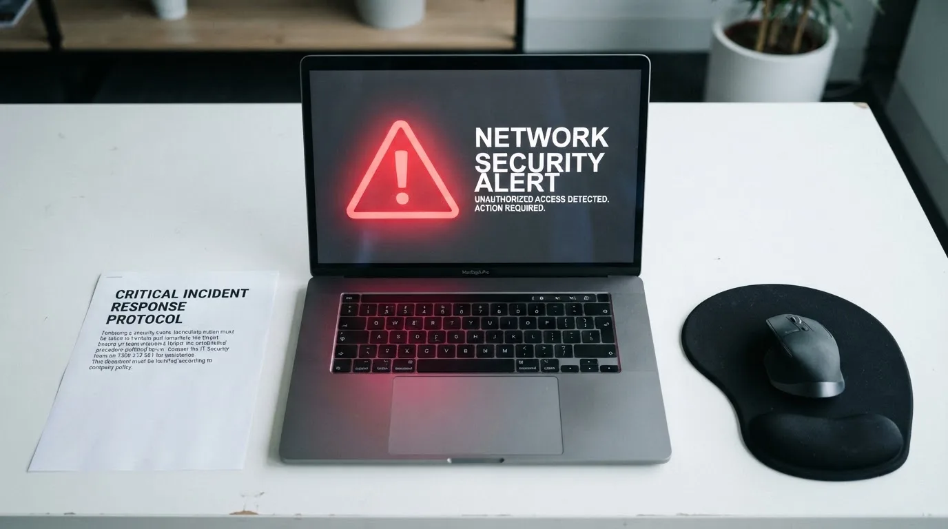 A printed government warning notice on a desk beside a laptop with a red alert icon on the screen.