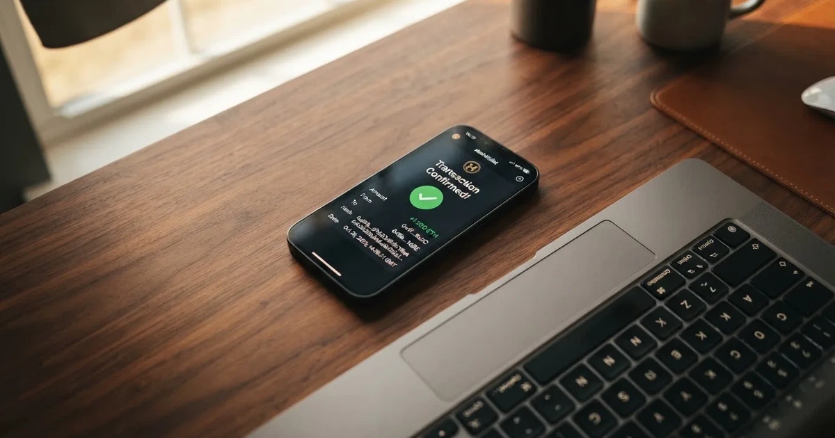 A phone displaying a blockchain transaction confirmation screen next to a laptop keyboard.