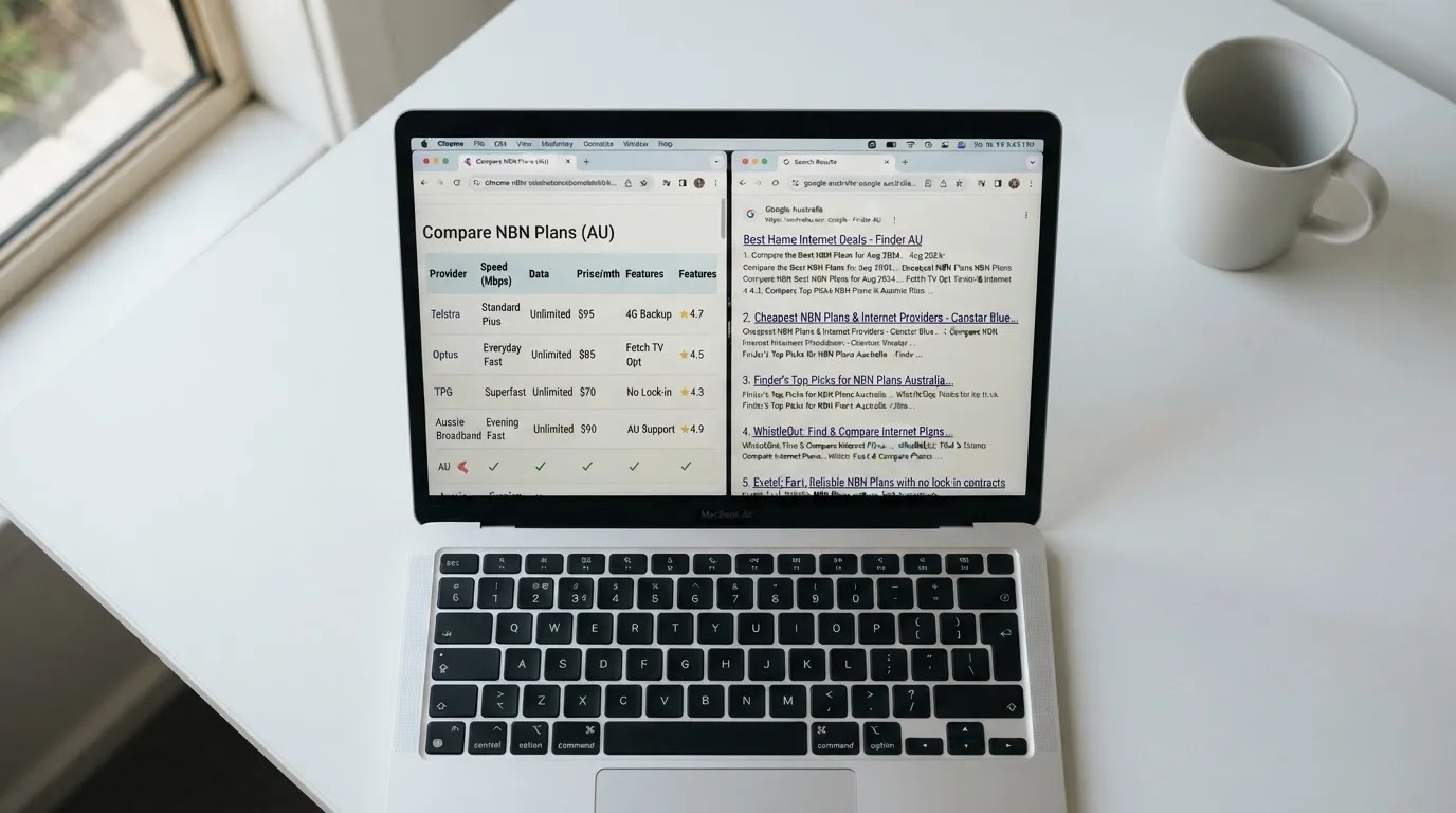 A laptop screen split between two browser tabs, one showing a comparison table and the other a search results page.