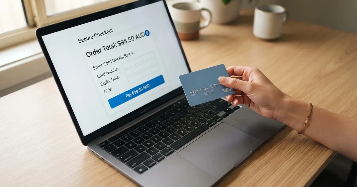 A hand holding a bank card next to a laptop showing an online payment form.