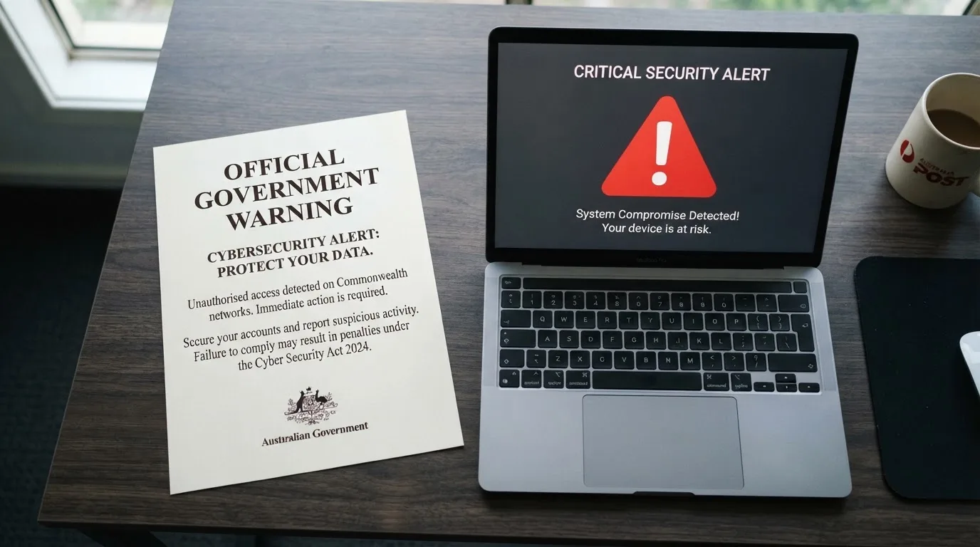 A printed government warning notice on a desk beside a laptop with a red alert icon on the screen.