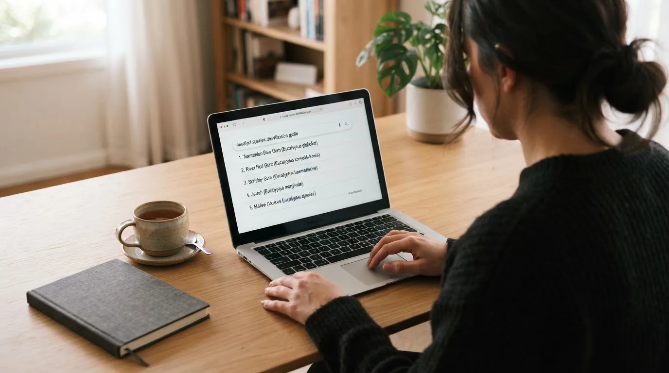 A laptop screen split between two browser tabs, one showing a comparison table and the other a search results page.