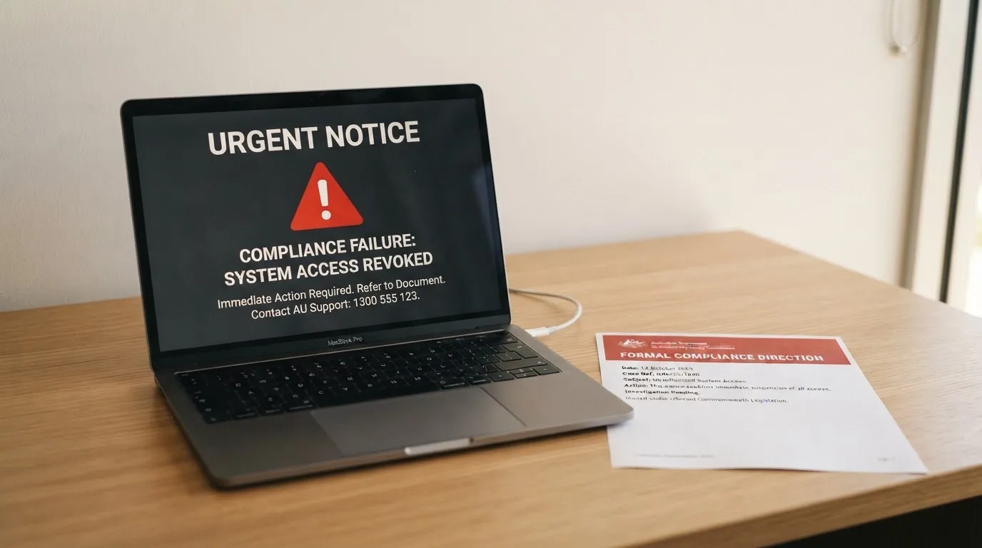 A printed government warning notice on a desk beside a laptop with a red alert icon on the screen.