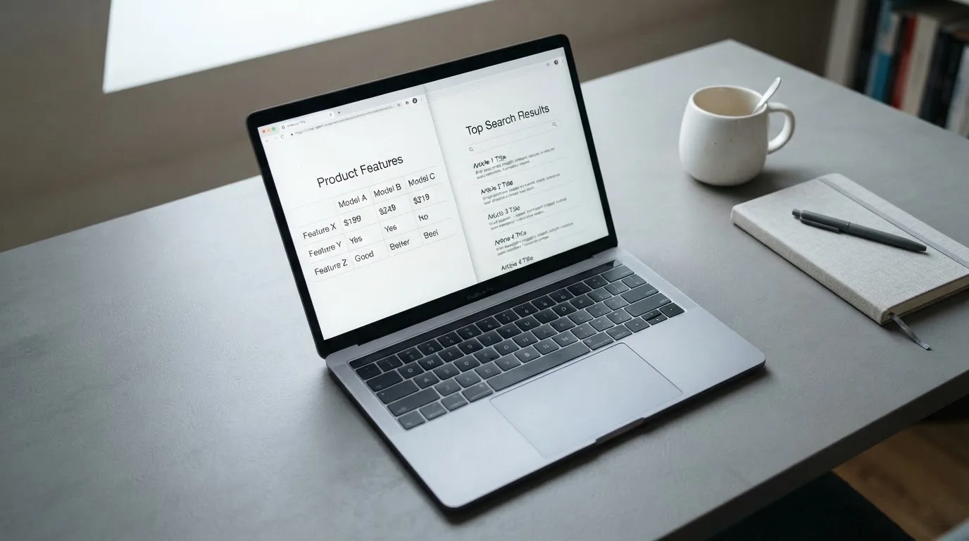 A laptop screen split between two browser tabs, one showing a comparison table and the other a search results page.