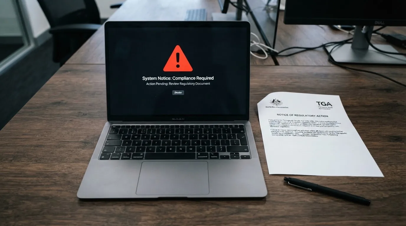 A printed government warning notice on a desk beside a laptop with a red alert icon on the screen.