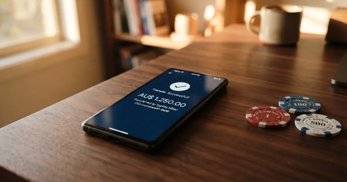 A phone displaying a bank transfer confirmation screen next to a stack of Australian dollar notes.