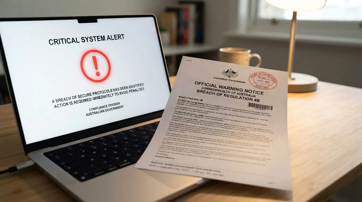 A printed government warning notice on a desk beside a laptop with a red alert icon on the screen.