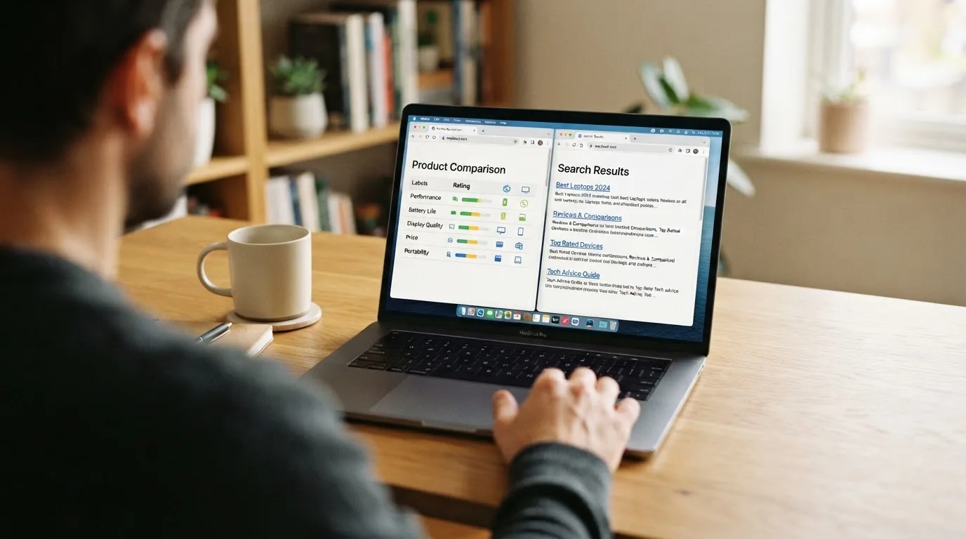 A laptop screen split between two browser tabs, one showing a comparison table and the other a search results page.