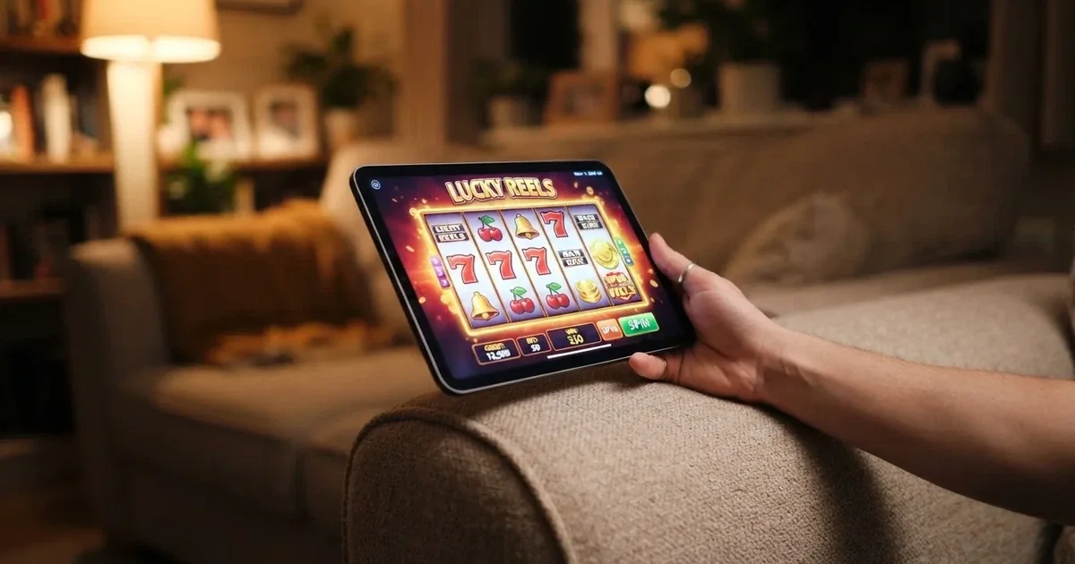 A hand holding a tablet with a touchscreen keypad displayed, resting on a couch armrest.