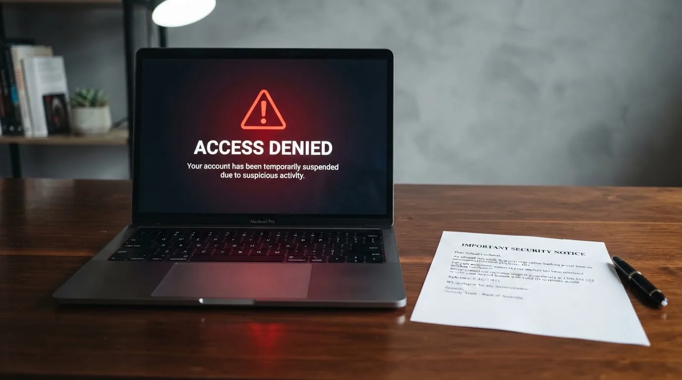 A printed government warning notice on a desk beside a laptop with a red alert icon on the screen.