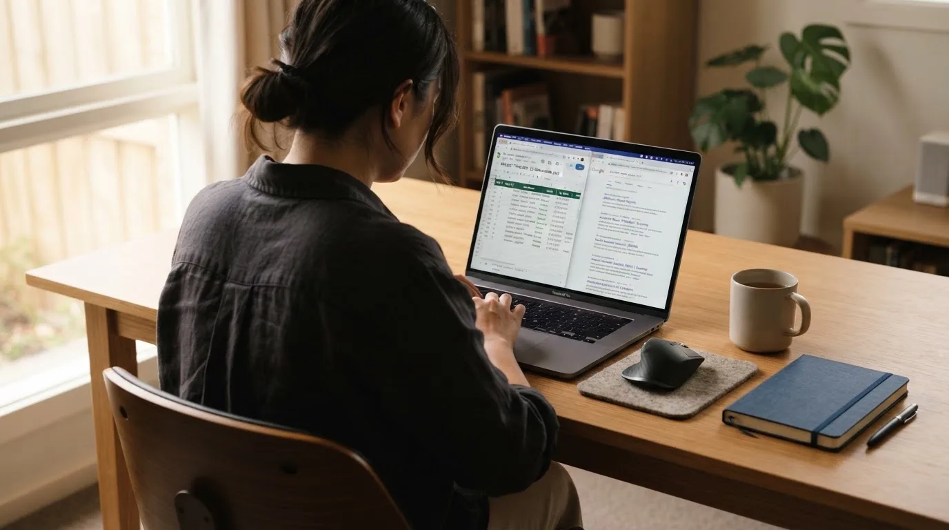 A laptop screen split between two browser tabs, one showing a comparison table and the other a search results page.