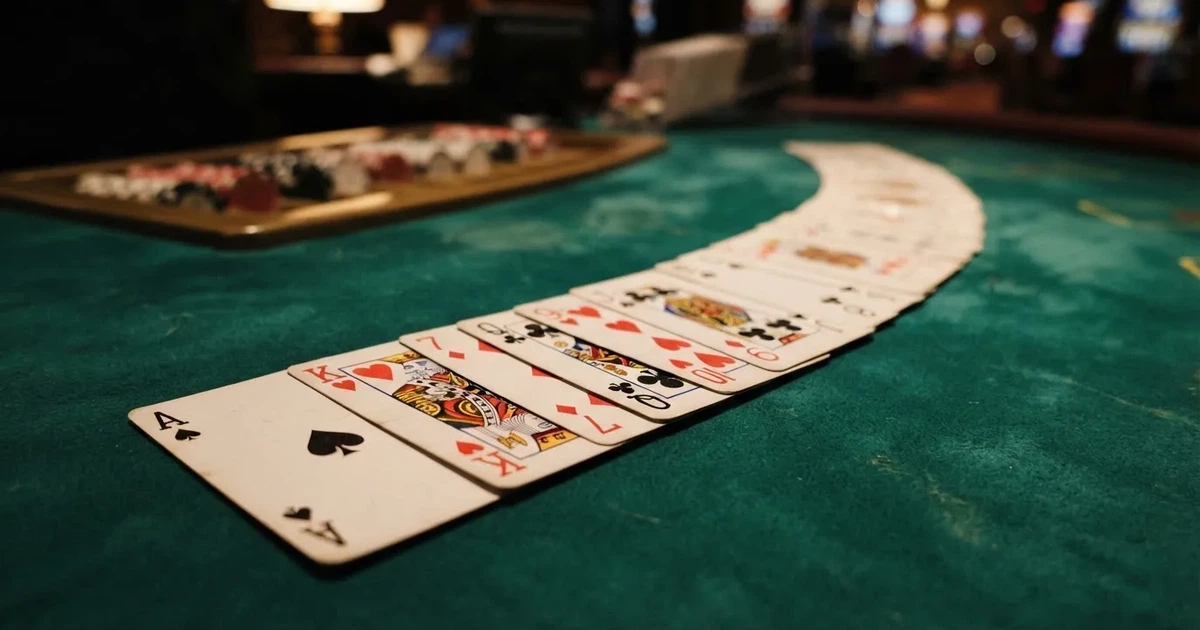 A close-up of a shuffled deck of playing cards fanned out on a green felt table.