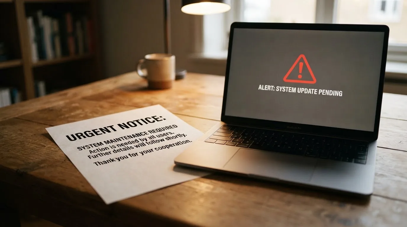 A printed government warning notice on a desk beside a laptop with a red alert icon on the screen.
