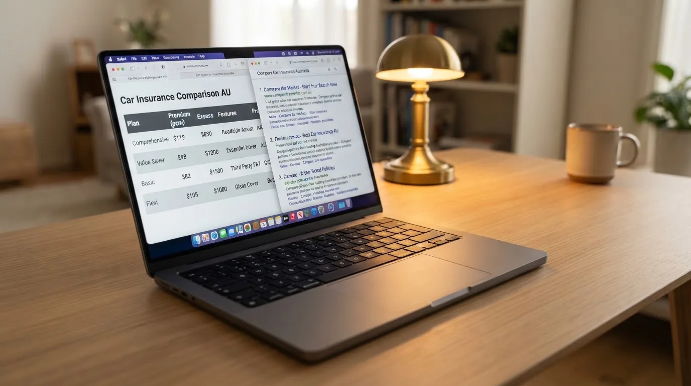 A laptop screen split between two browser tabs, one showing a comparison table and the other a search results page.