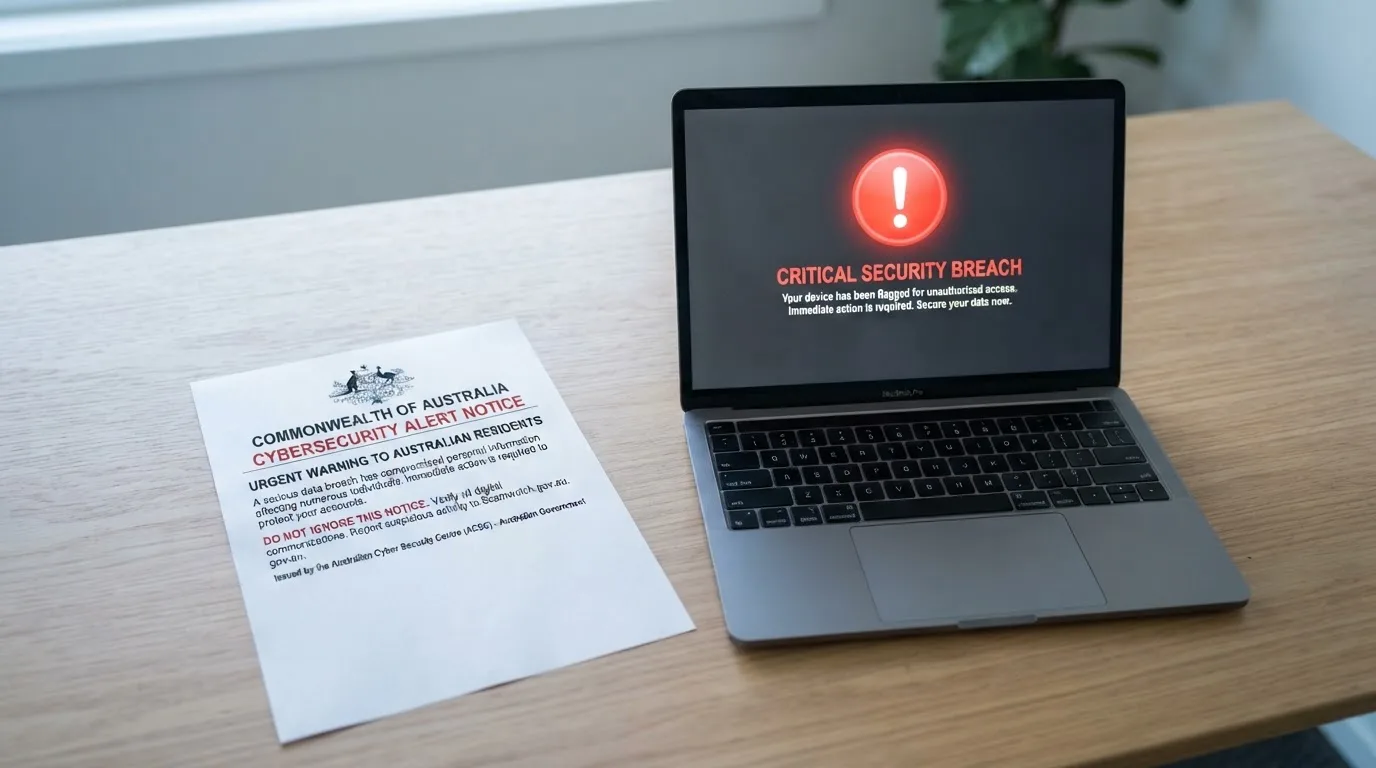 A printed government warning notice on a desk beside a laptop with a red alert icon on the screen.