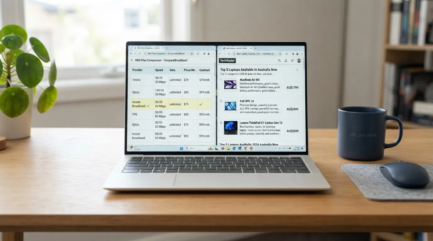A laptop screen split between two browser tabs, one showing a comparison table and the other a search results page.
