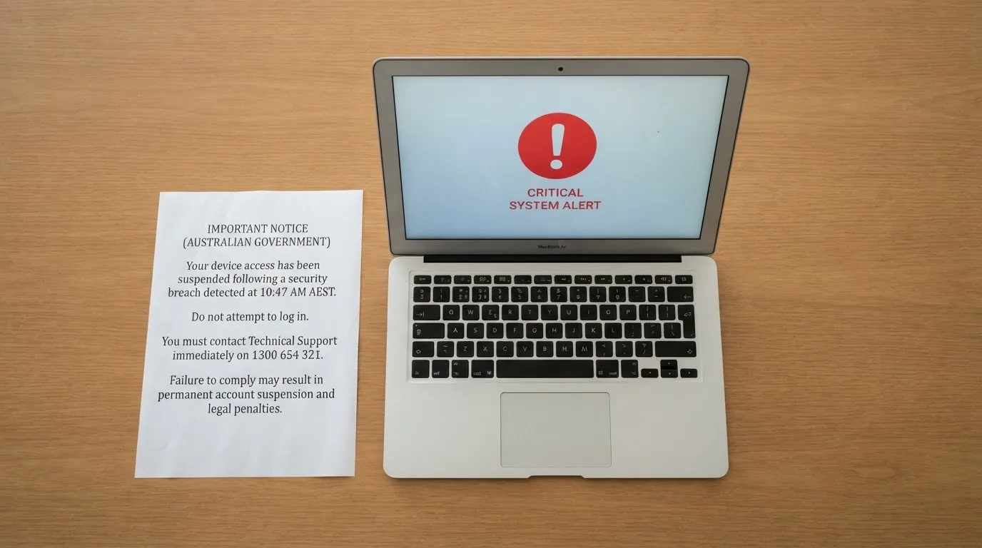 A printed government warning notice on a desk beside a laptop with a red alert icon on the screen.