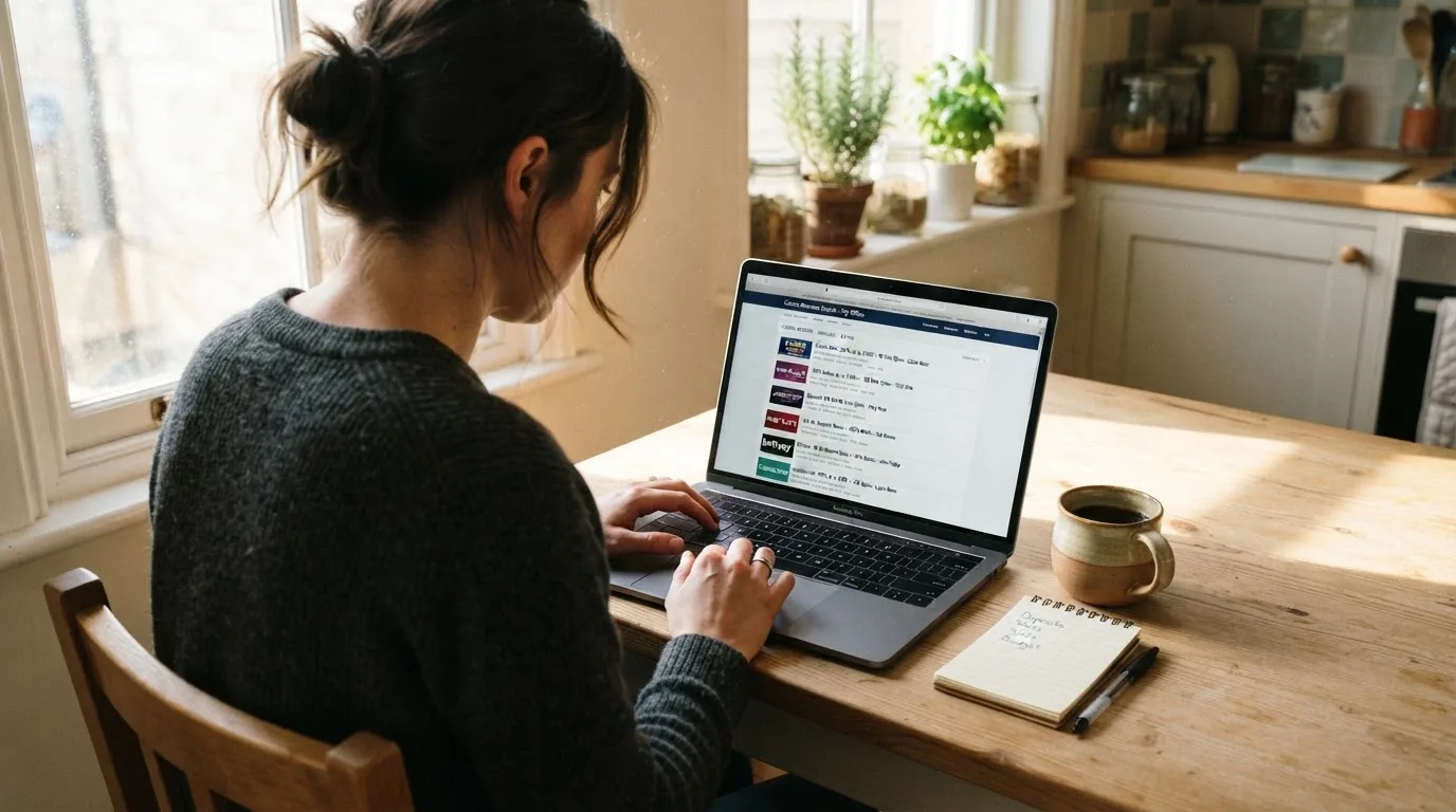 A person sits at a kitchen table, scrolling a laptop showing a general search results page about casino bonus offers.