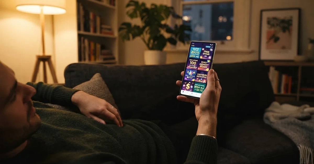 A phone screen shows a list of promotional bonus tiles as someone scrolls with one thumb on a couch in the evening.