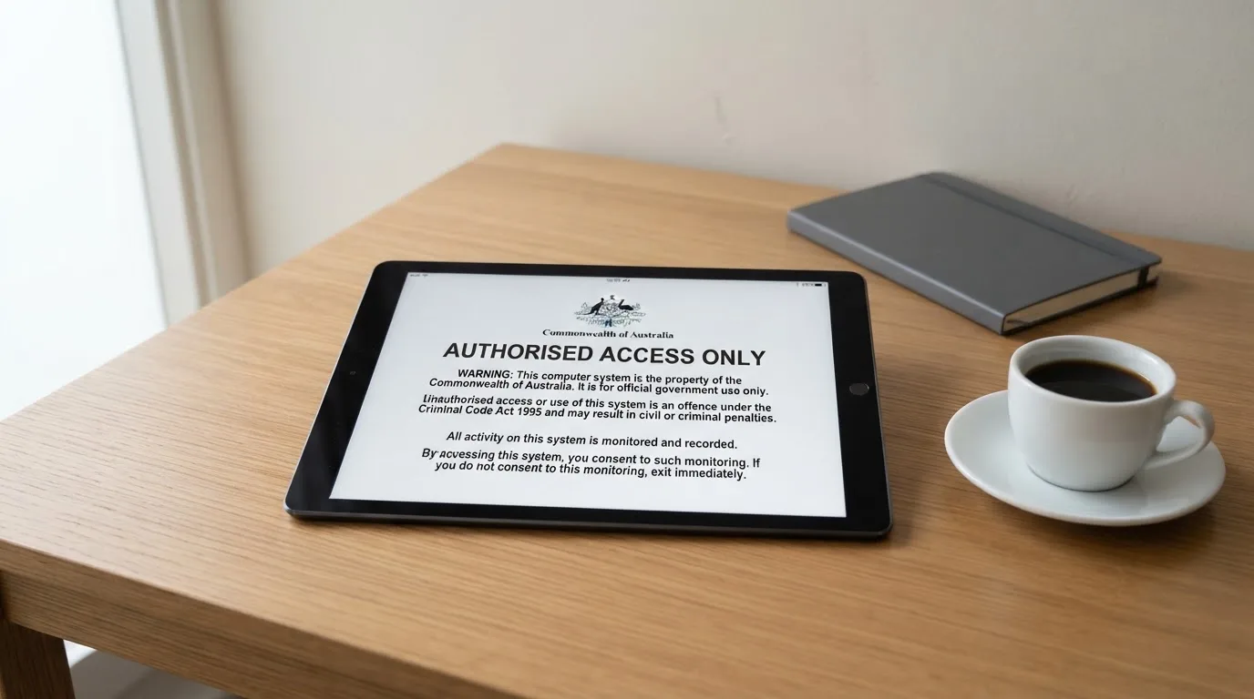A tablet on a desk displays a plain government-style warning notice page, with a coffee cup beside it.