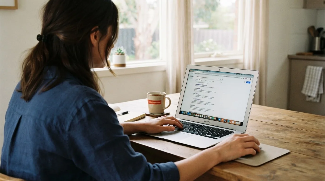 A person sits at a kitchen table, scrolling a laptop showing a general search results page about new casino sites.