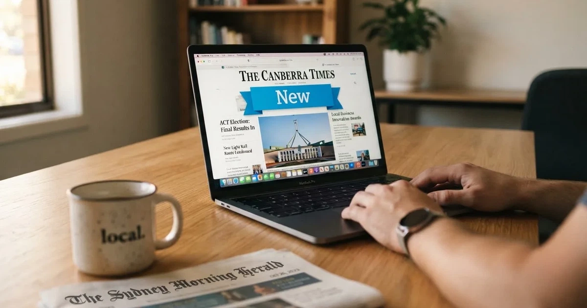 A laptop screen shows a freshly loading website homepage with a 'new' banner, on a plain desk.