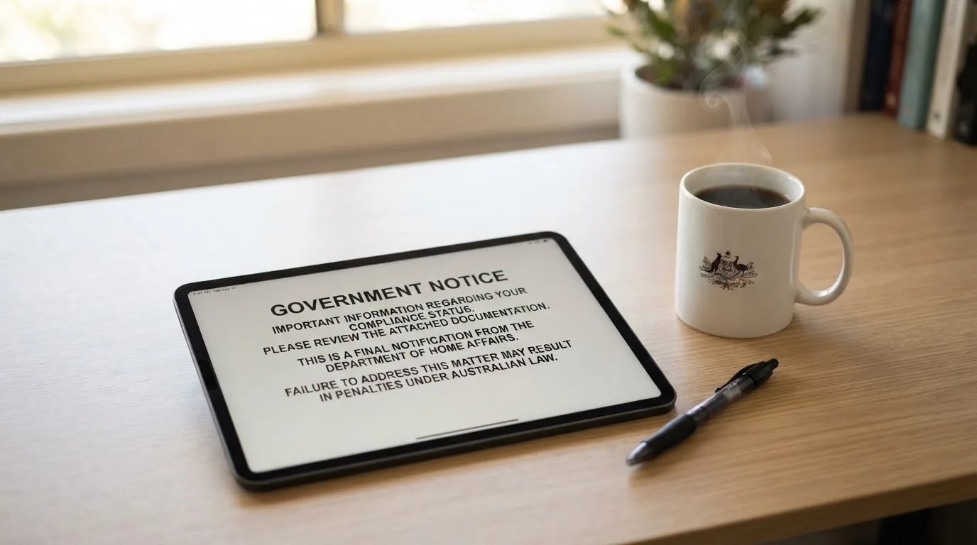 A tablet on a desk displays a plain government-style warning notice page, with a coffee cup beside it.