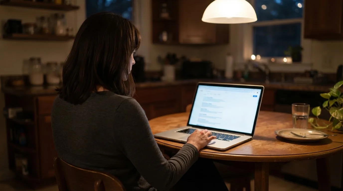 A person sits at a kitchen table in the evening, scrolling a laptop showing a general search results page about bonus offers.