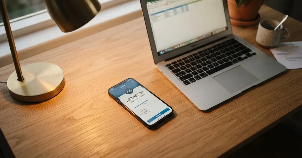 Close-up of a smartphone banking app open beside a laptop on a home desk, mid-transfer.