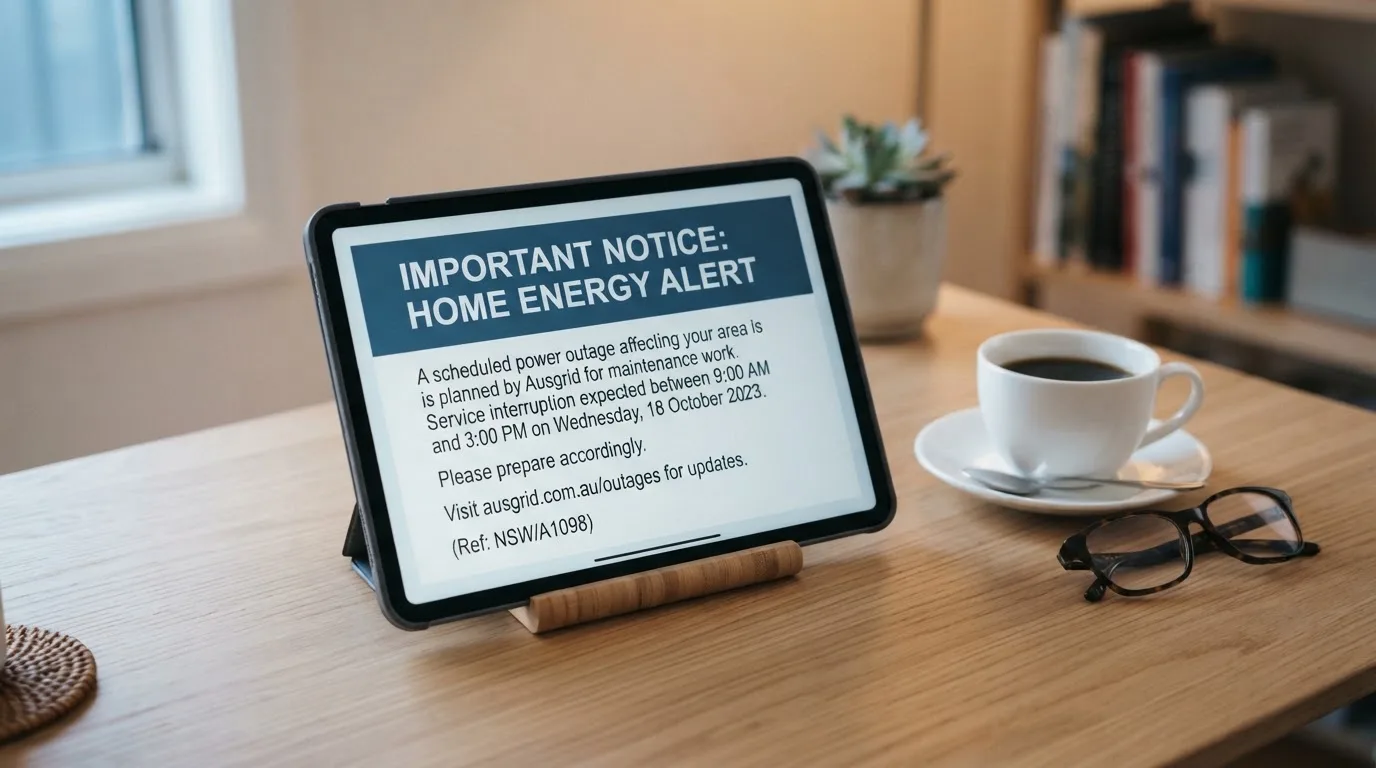 A tablet on a desk displays a plain government-style warning notice page, with a coffee cup beside it.
