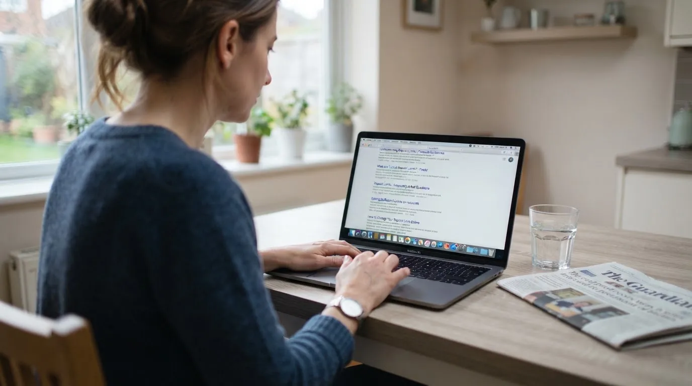 A person sits at a kitchen table, scrolling a laptop showing a general search results page about deposit limits.