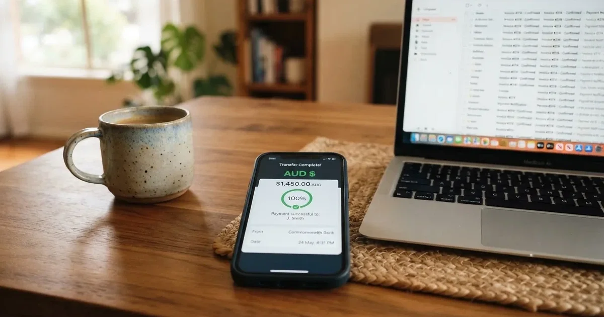 Close-up of a smartphone banking app open beside a laptop on a home desk, mid-transfer.