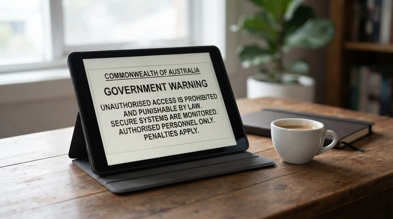 A tablet on a desk displays a plain government-style warning notice page, with a coffee cup beside it.