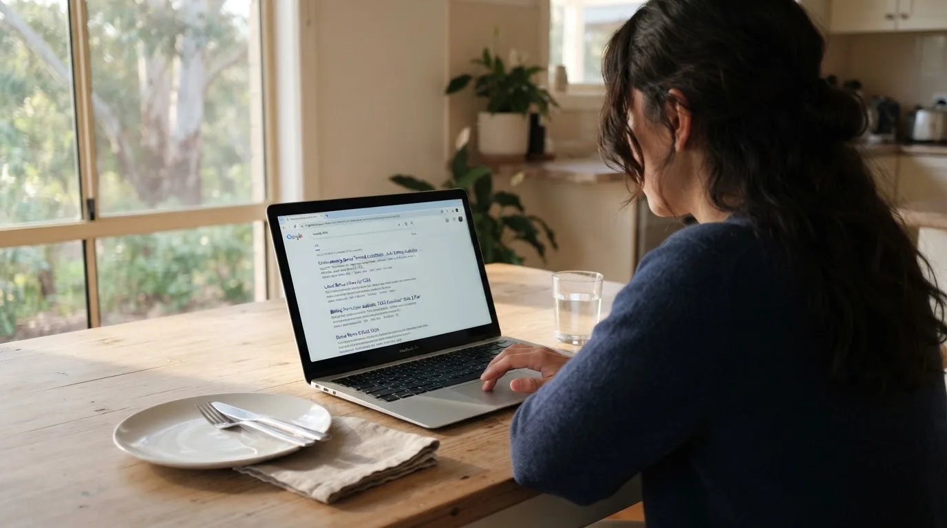 A person sits at a kitchen table, scrolling a laptop showing a general search results page about bonus terms.