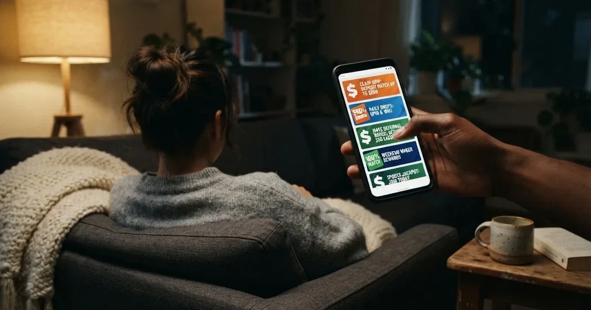 A phone screen shows a list of promotional bonus tiles as someone scrolls with one thumb on a couch.