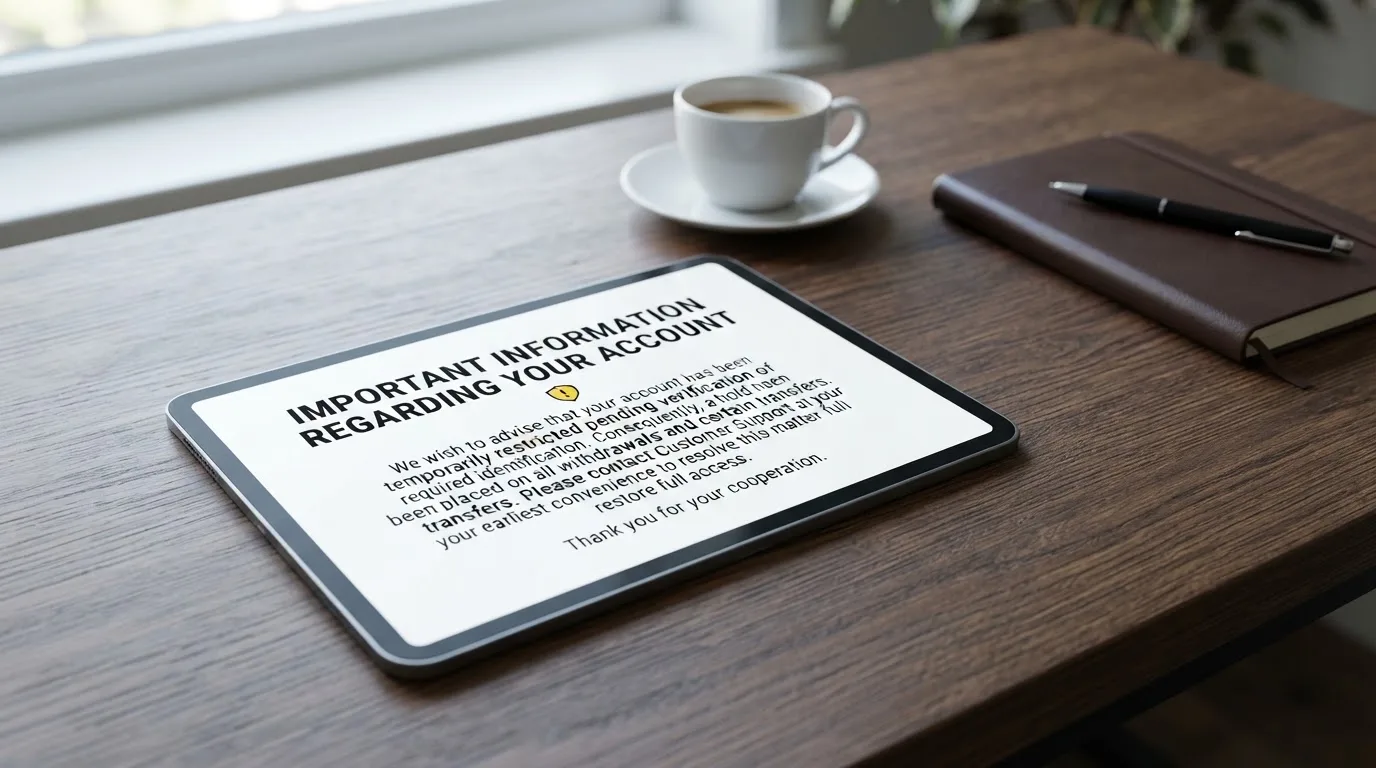 A tablet on a desk displays a plain government-style warning notice page, with a coffee cup beside it.