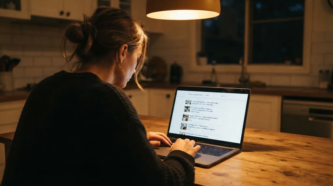 A person sits at a kitchen table in the evening, scrolling a laptop showing a general search results page about bonus offers.