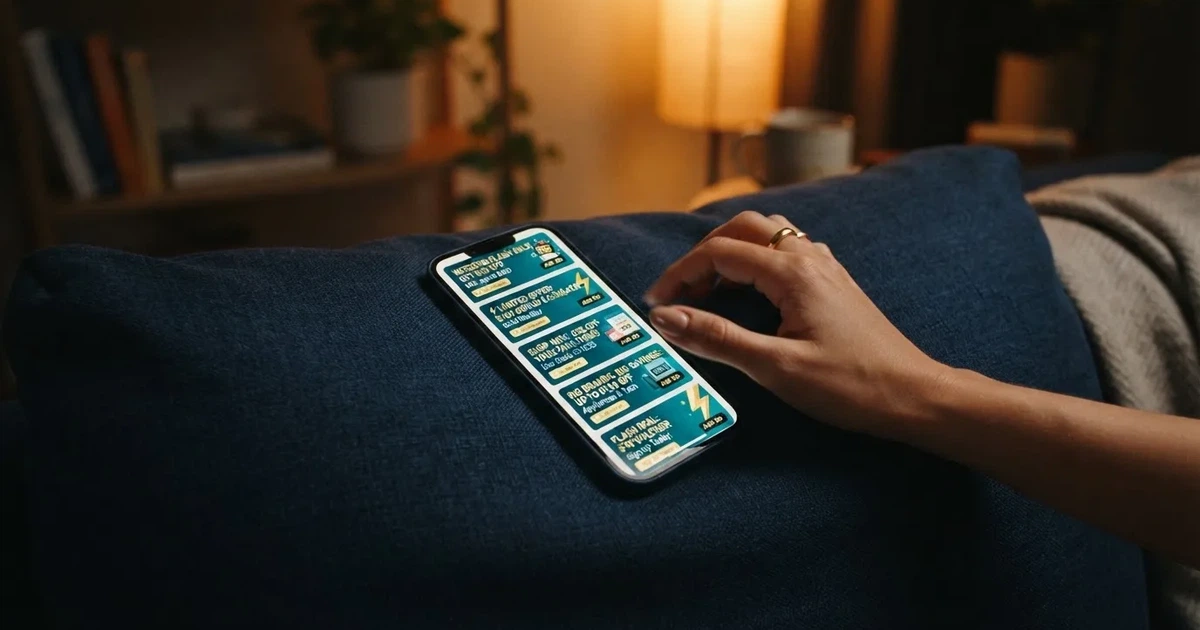 A phone screen shows a list of promotional bonus tiles as someone scrolls with one thumb on a couch.