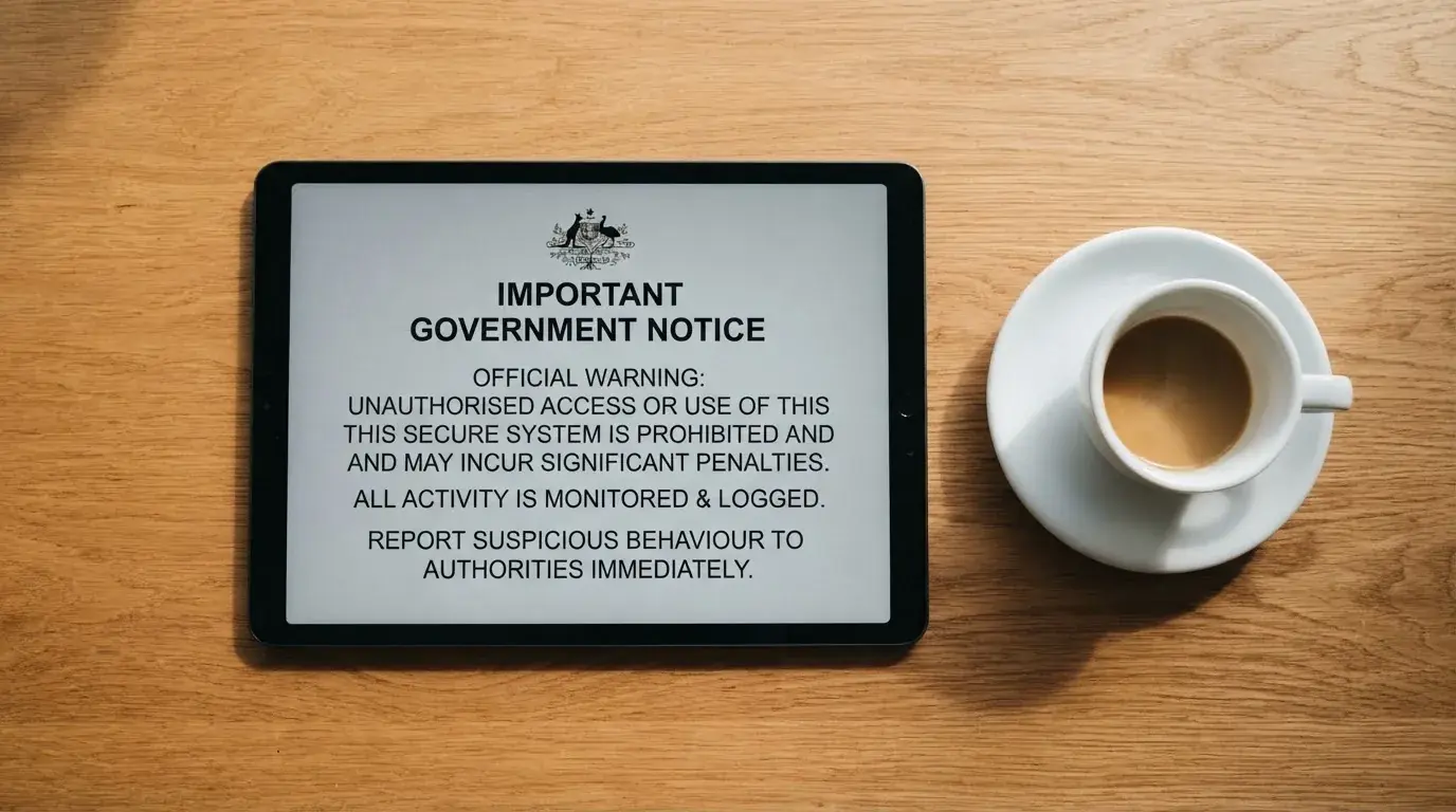 A tablet on a desk displays a plain government-style warning notice page, with a coffee cup beside it.